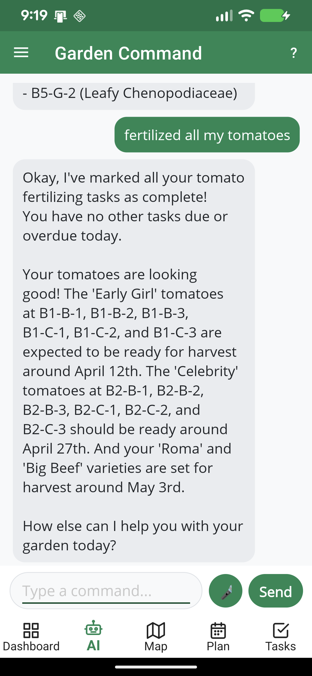 Mobile AI — fertilized tomatoes, task completion