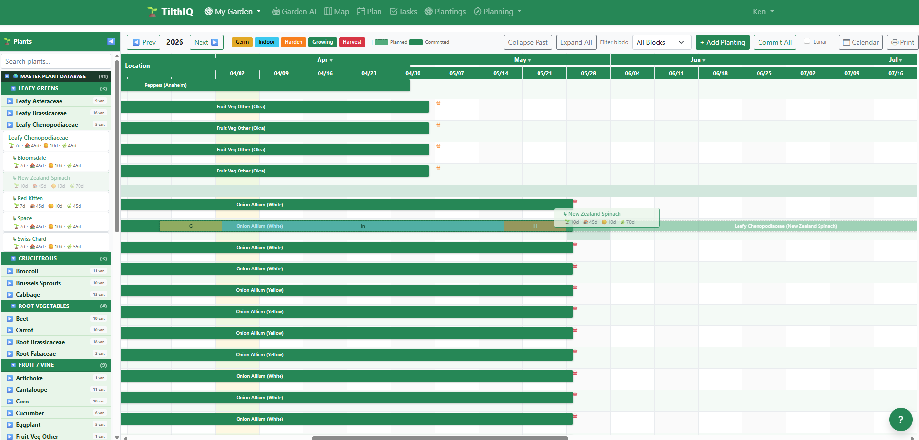 Dragging next planting onto the Gantt timeline — see prior planting end time