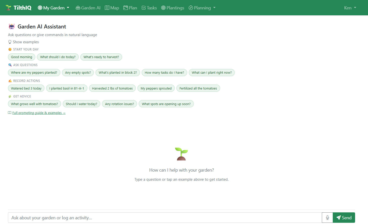TilthIQ Garden AI — prompt suggestions and chat interface